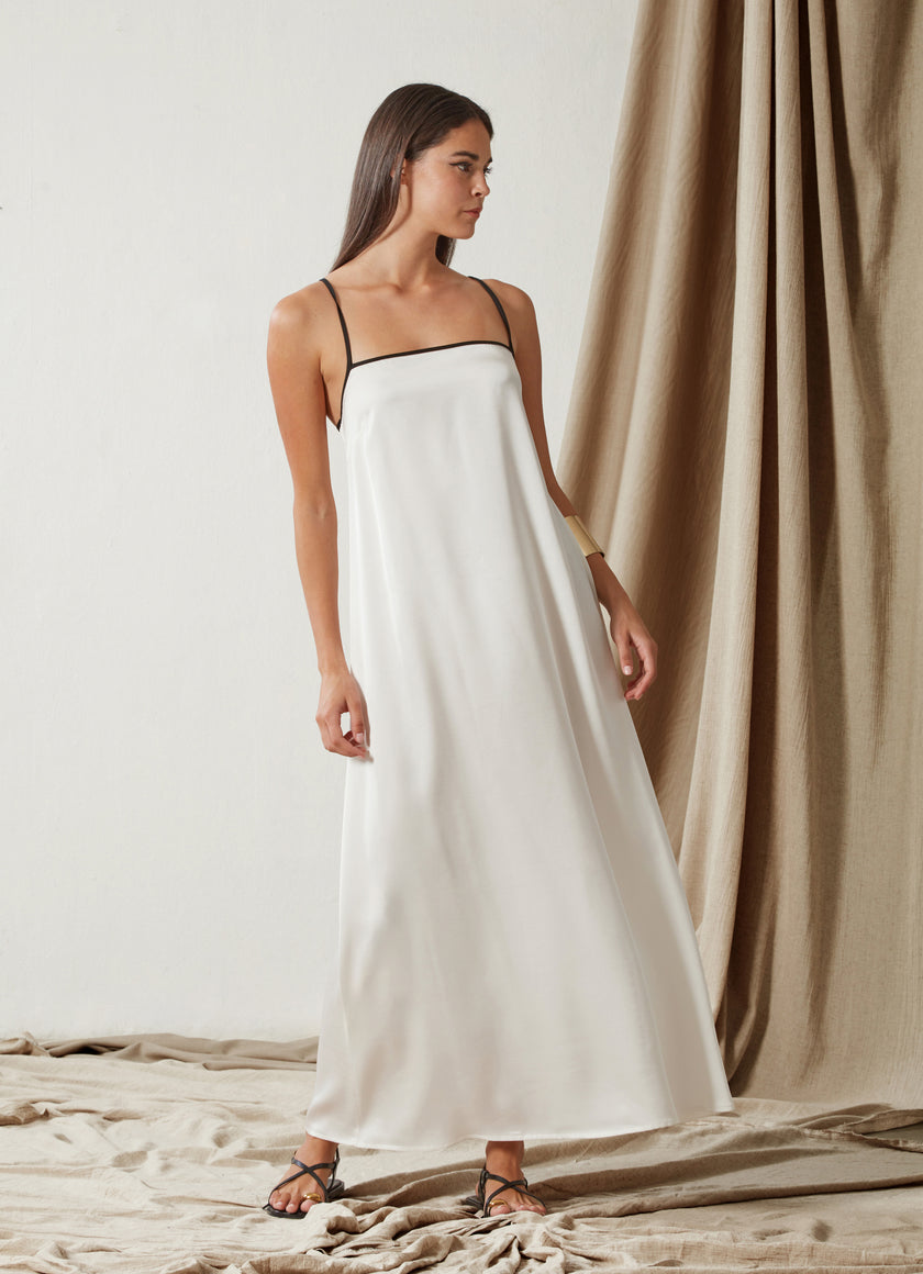 White Long Dress with Black Straps