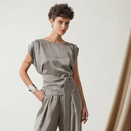 Sleeveless Blouse with Belt