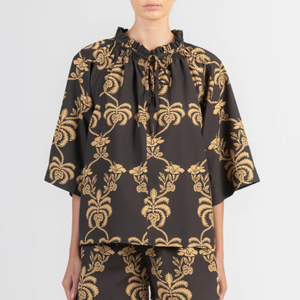 Black/Gold Short Sleeve Blouse in cotton by August, product view