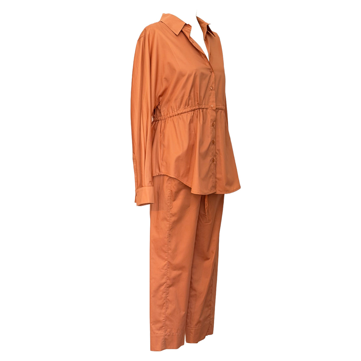 Peach Long Popline Pants with Seams in cotton by Devotion Twins, styled as part of a matching look