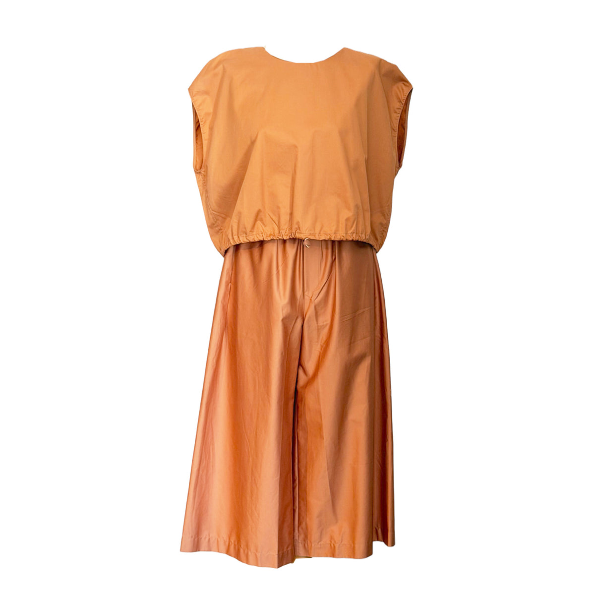 Peach Popline Sleeveless top with Elastic Waist in cotton poplin by Devotion Twins, styled as part of a matching look