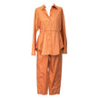 Peach Long Popline Pants with Seams in cotton by Devotion Twins, styled as part of a matching look
