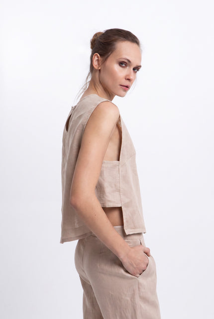 Sleeveless Linen Top with a Side Cut